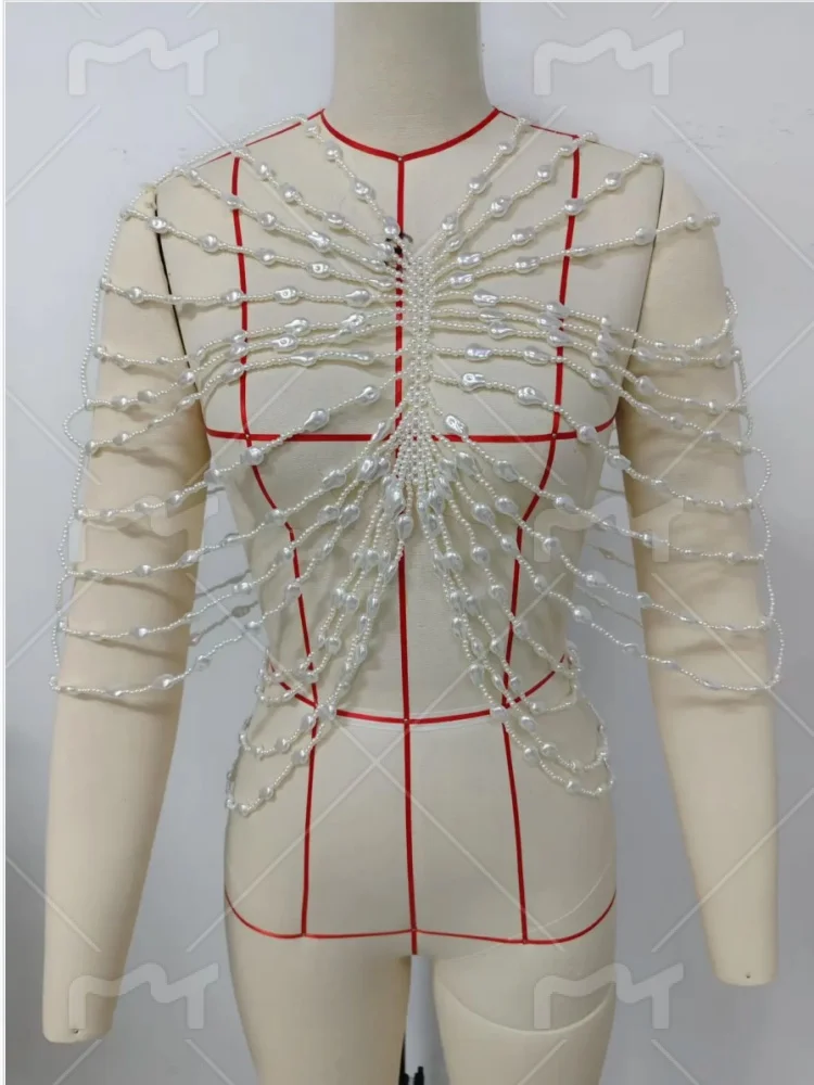 

Body Jewelry Woman Sexy Bikini Bra Chain Trendy Totally Hand-made Pearl Bride Double Shoulder Chain Bra Set Shawl