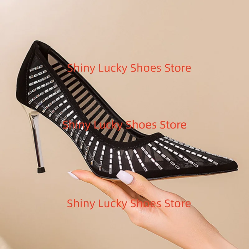 

Женская обувь со стразами, туфли на высоком каблуке с острым носком, неглубокие женские туфли-лодочки с вышивкой Tacones, швейные линии, Chassure Femme Crystal