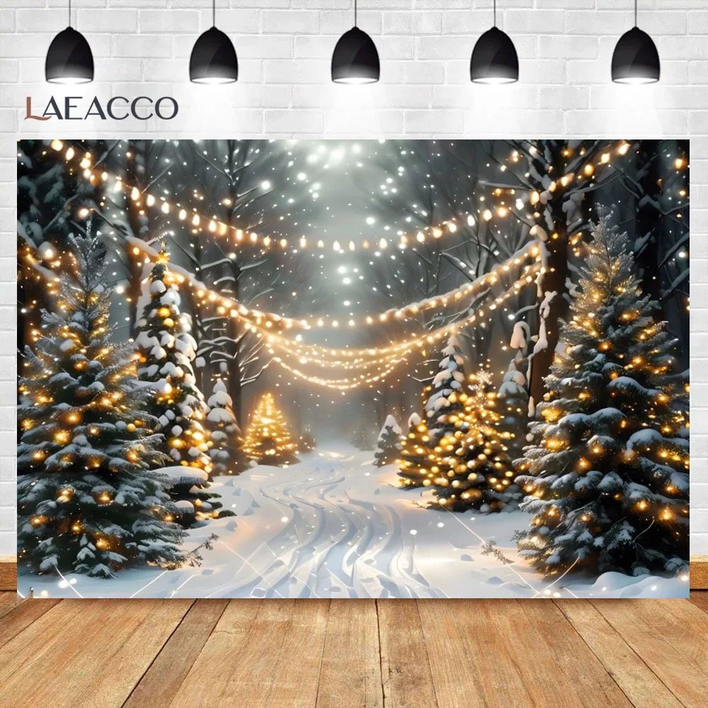 Winter Forest Snowflake Photography Backdrop Glitter Lights Snow Scene Snowfield Christmas Tree Background for Photo Studio