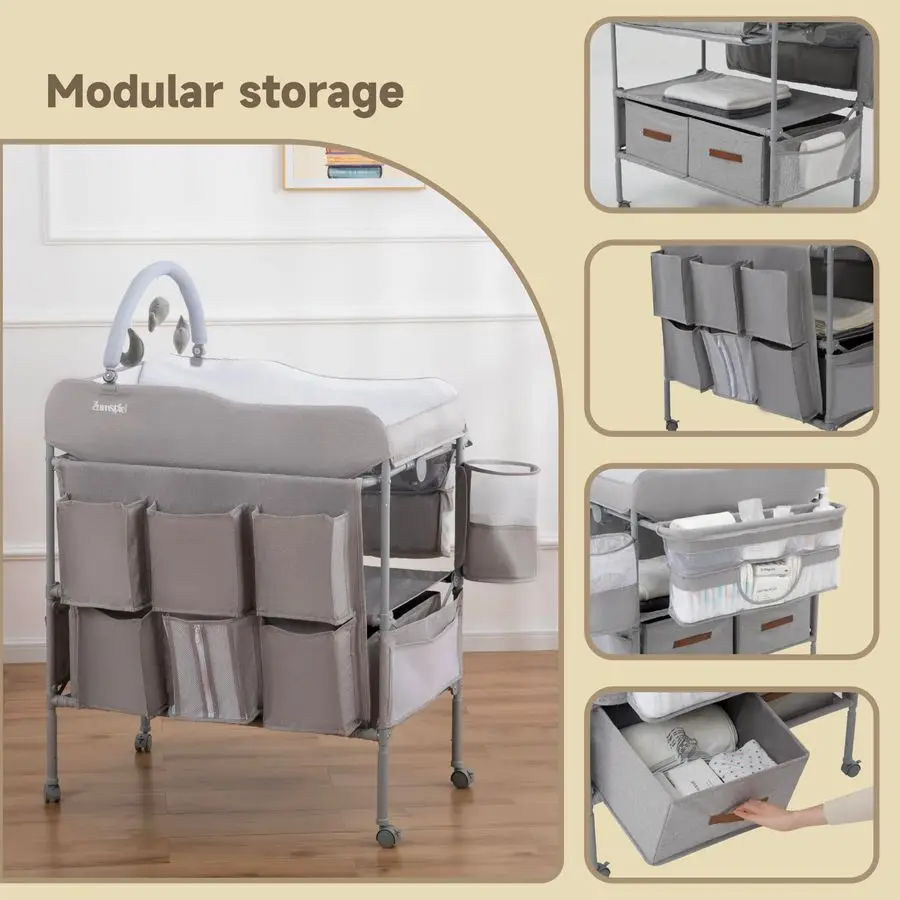 طاولة تغيير، طاولة تغيير قابلة للطي محمولة متعددة الاستخدامات، محطة تغيير حفاضات مقاومة للماء مع سلة نفايات، ارتفاع قابل للتعديل #5