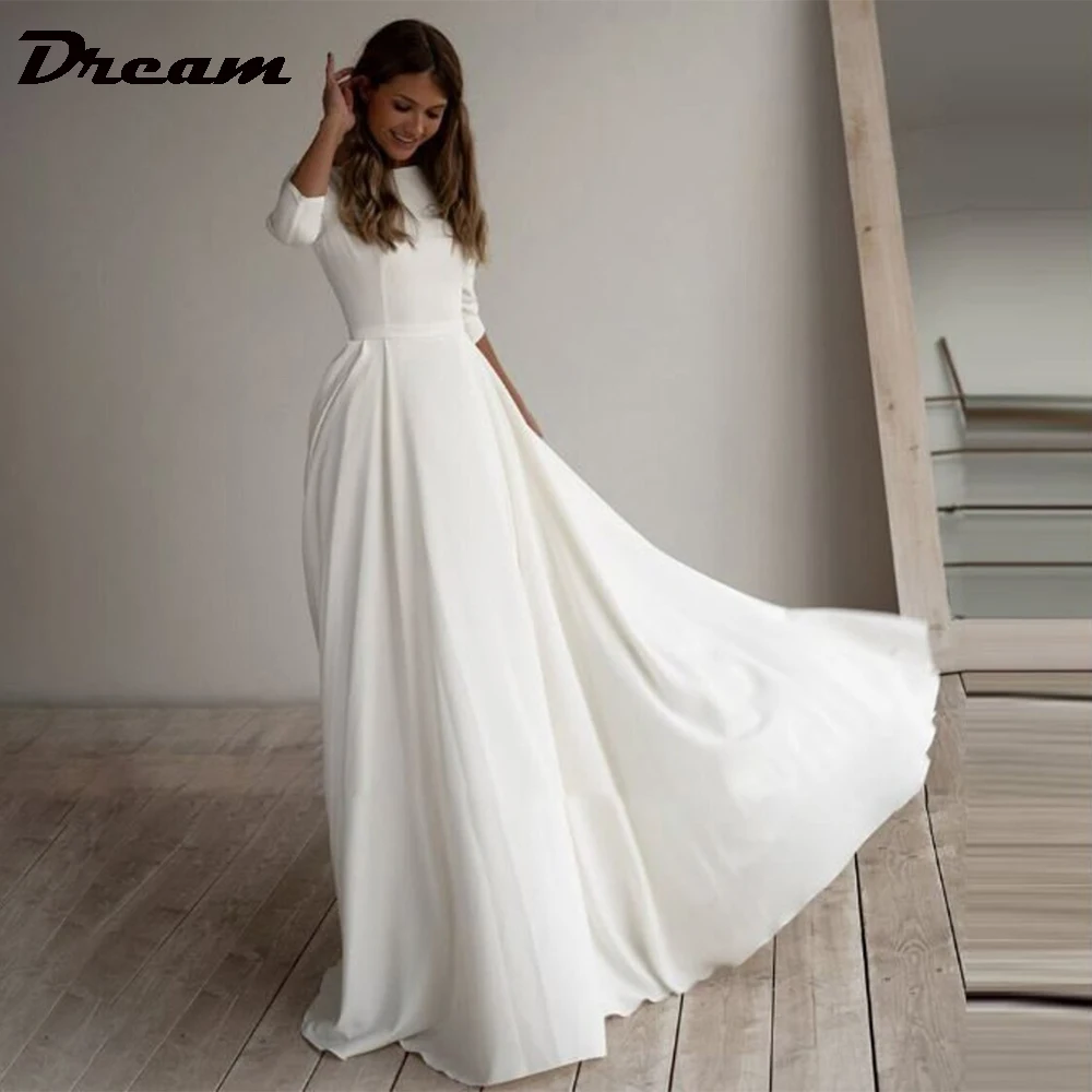 DREAM Abito da sposa semplice personalizzato per donna Maniche lunghe a 3/4 Una linea Crepe Scollo a barca con tasche Abiti da sposa eleganti 2025