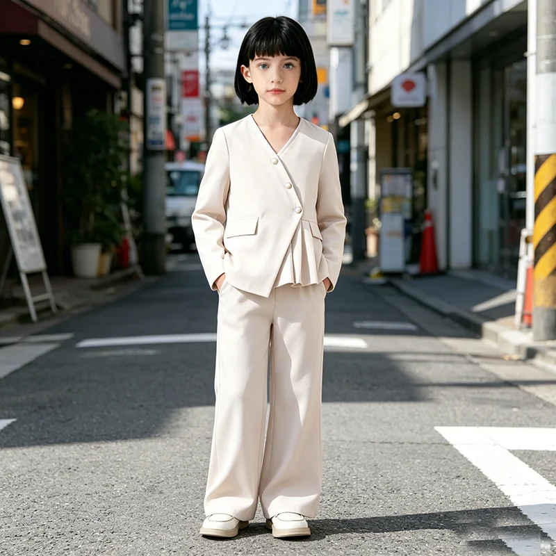 Girls Formal Blazer Pants Set Elegant V-Neck Ruffle Hem Suit For Graduation School Uniform Party Wedding Casual Wear 5-14 Years