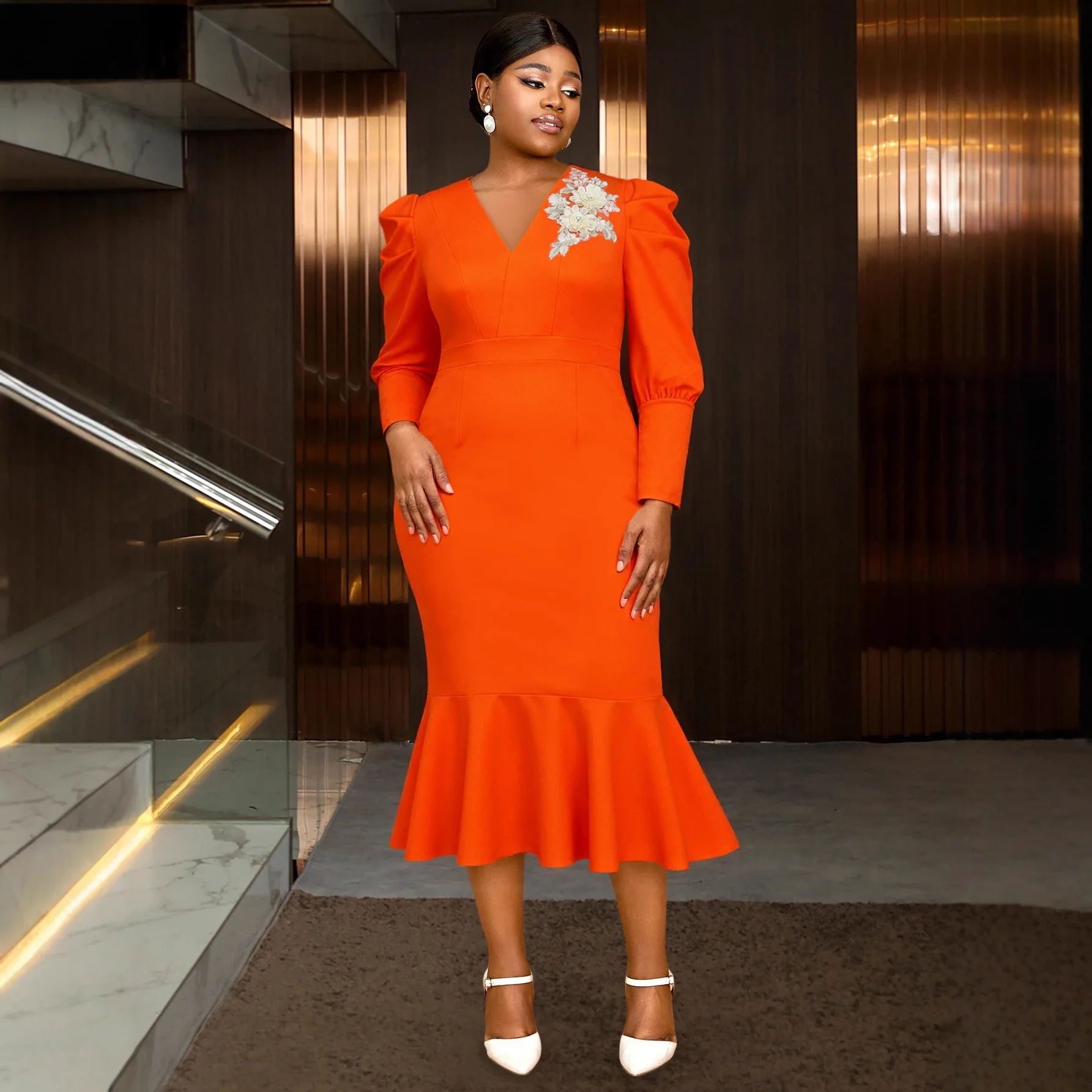 

African Women Party Dresses Puff Sleeve Embroidered Lace 3D Flower Classy V Neck Long Wedding Guest Occasion Fall New Outfits