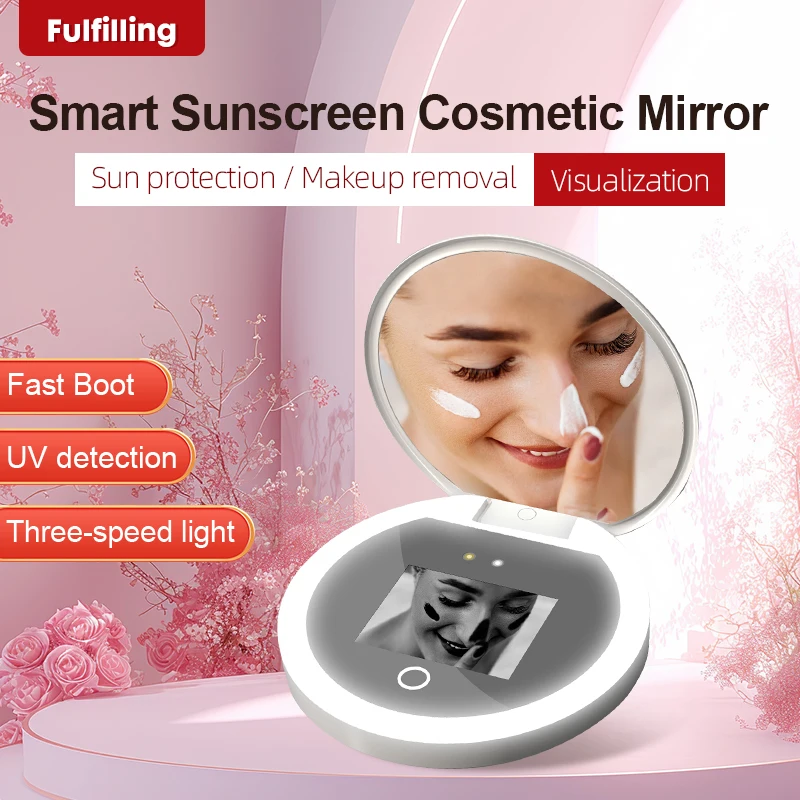 Intelligenter Sonnenschutz-LED-Lichtspiegel, tragbarer Make-up-Spiegel mit UV-Kamera und visueller Gesichts-Sonnenschutzfunktion – Detail 6