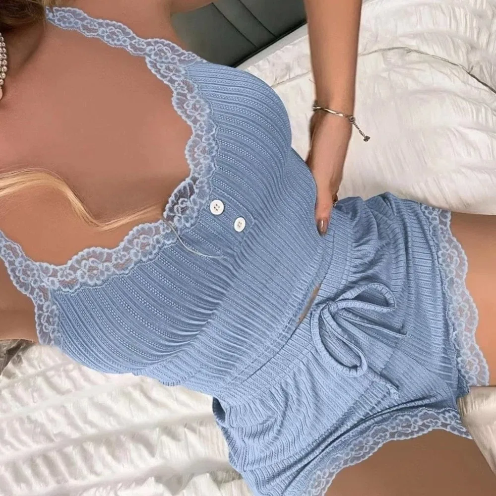 

Slim Fit Women Lace Camisole Pajamas Sleeveless Long Pants and Shorts Lace Crop Tops Sleepwear Tanks Lace Corset Pajamas Suit