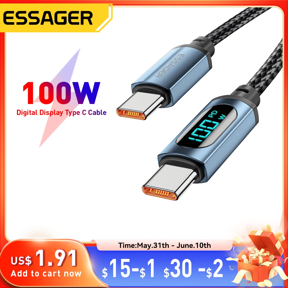 Essager PD 100W USB Type C Cable to USB C 7A Fast Charging Charger Wire Cord For OPPO Realme Huawei Poco Samsung Display Cable