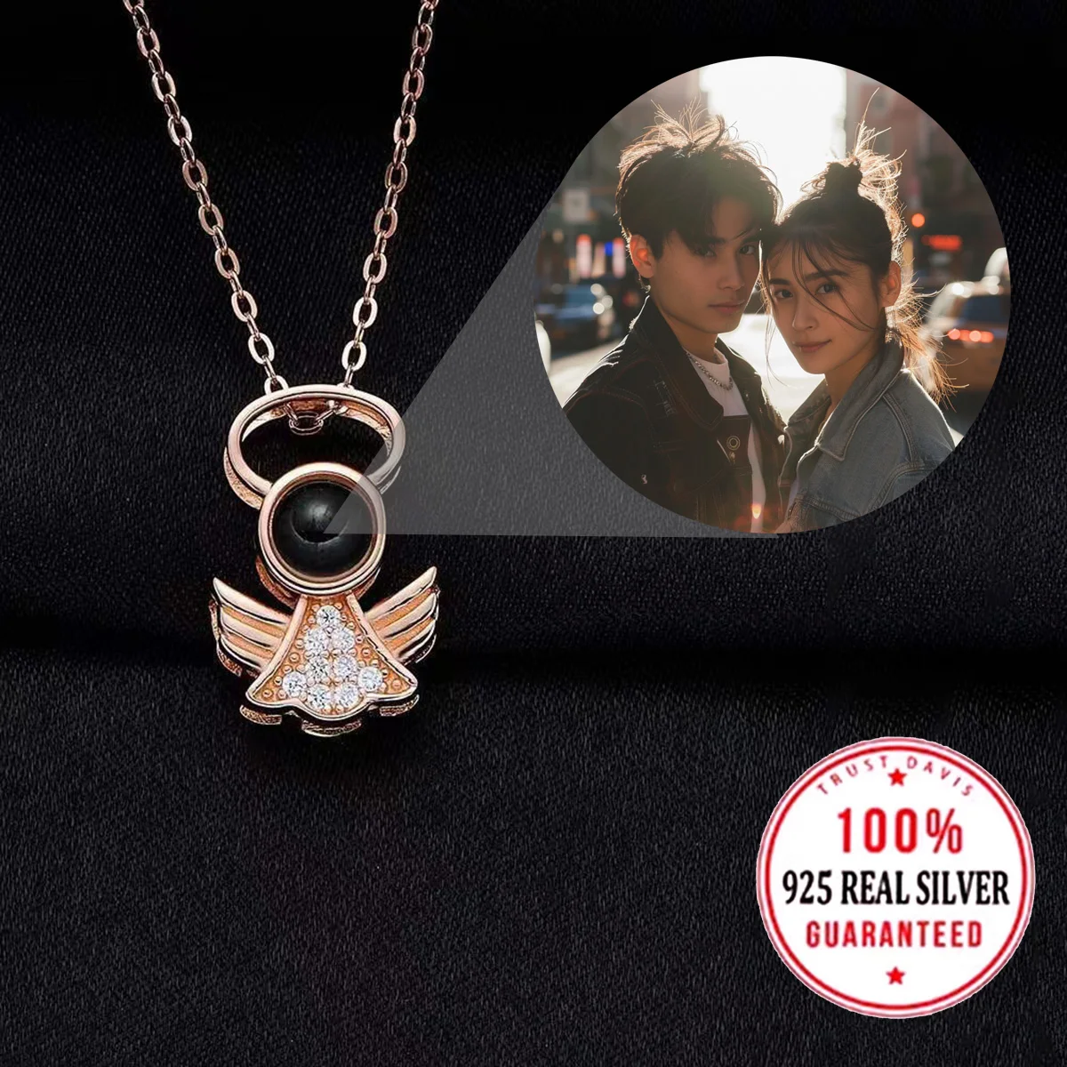 S925 Silvery Custom Color Picture Projection Angel Necklace For Mom Girlfriend 2025 Valentine Mother Day Birthday Romantic Gifts