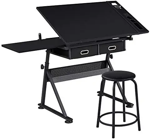 Adjustable Drafting Table Art Desk, Storage Drawers & Stool, Wood | MDF tabletop tilts 0-60° on a metal frame for