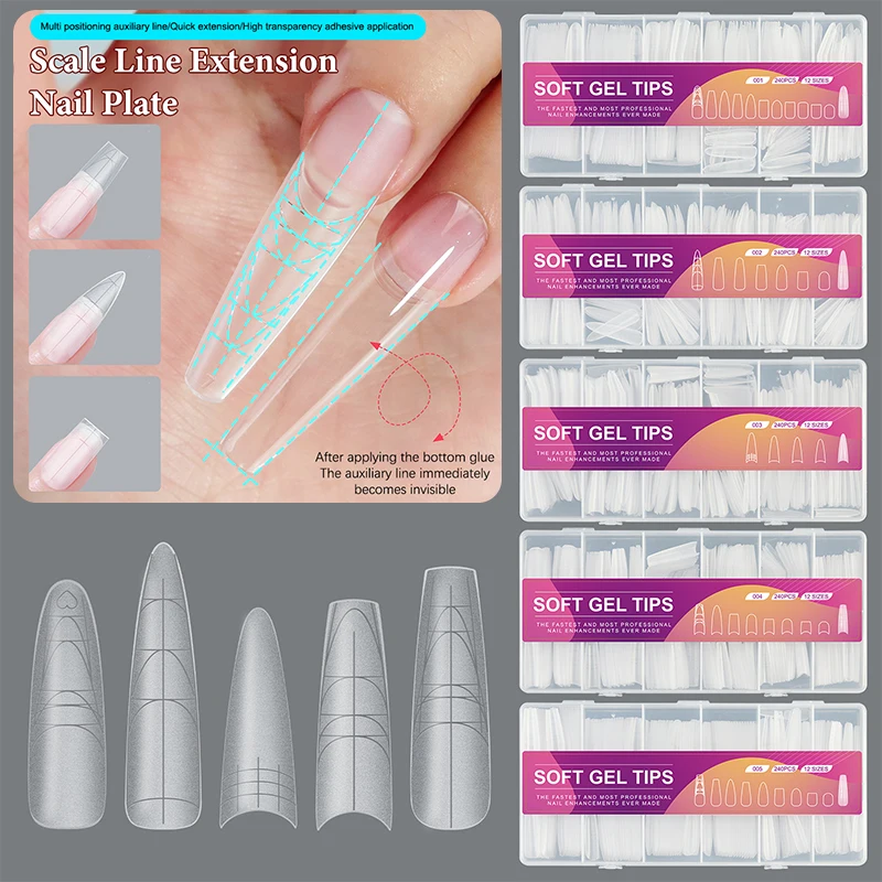 240 stks Ultradunne Dubbelzijdige Nep Nagels Met Extra Lijn No-Trace Nail Tips Clear Extension Kunstnagels DIY