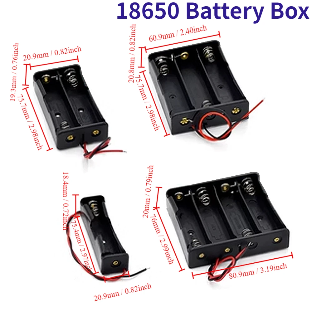 1pc 18650 Battery Box Lithium Battery 1/2/3/4 Black Plastic 18650 Series Connection Battery Holder With Cord Battery Box