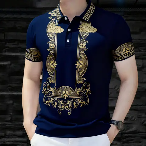 Philippines Luxury Ethnic 3D Sublimation Polo Shirt Classic Polo Collar Short Sleeve With Silver Floral Scroll, Geometric