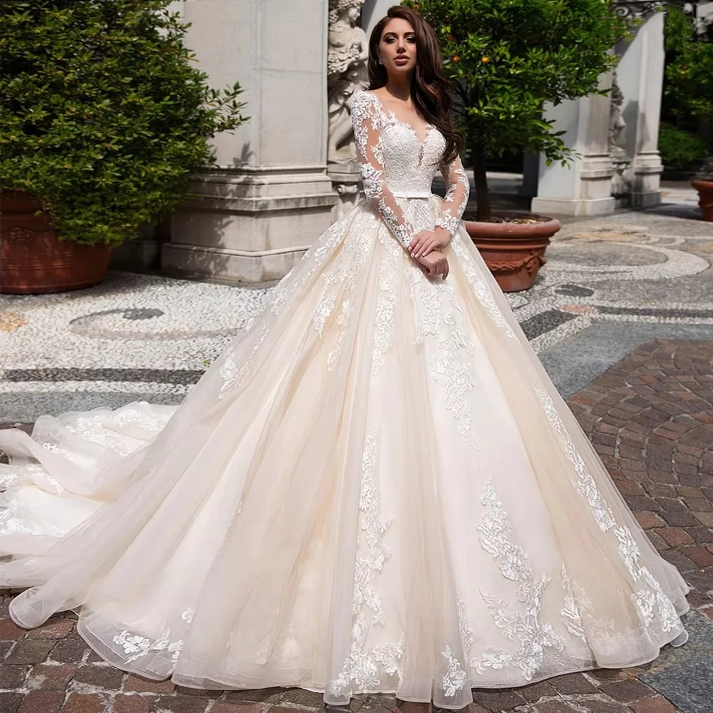 

Custom Elegant Illusion Applique Lace Long Sleeve Vintage Wedding Dresses 2025 Luxury A Line Bridal Gowns