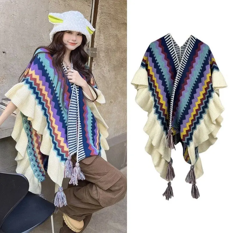 

Women Autumn Winter Bohemian Faux Cashmere Ethnic Style Long Thick Poncho Shawl Female Big Pendulum Loose Cloak Coat