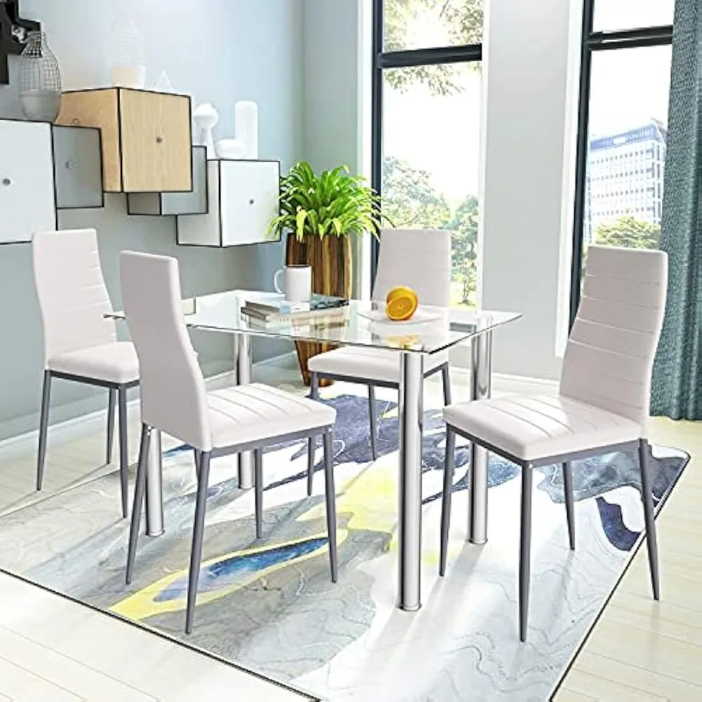 Fireflowery 5 Piece Dining Table Set w/Tempered Glass Table & High Backrest Chair,Steel Frame Restaurant Kitchen Table and Chair