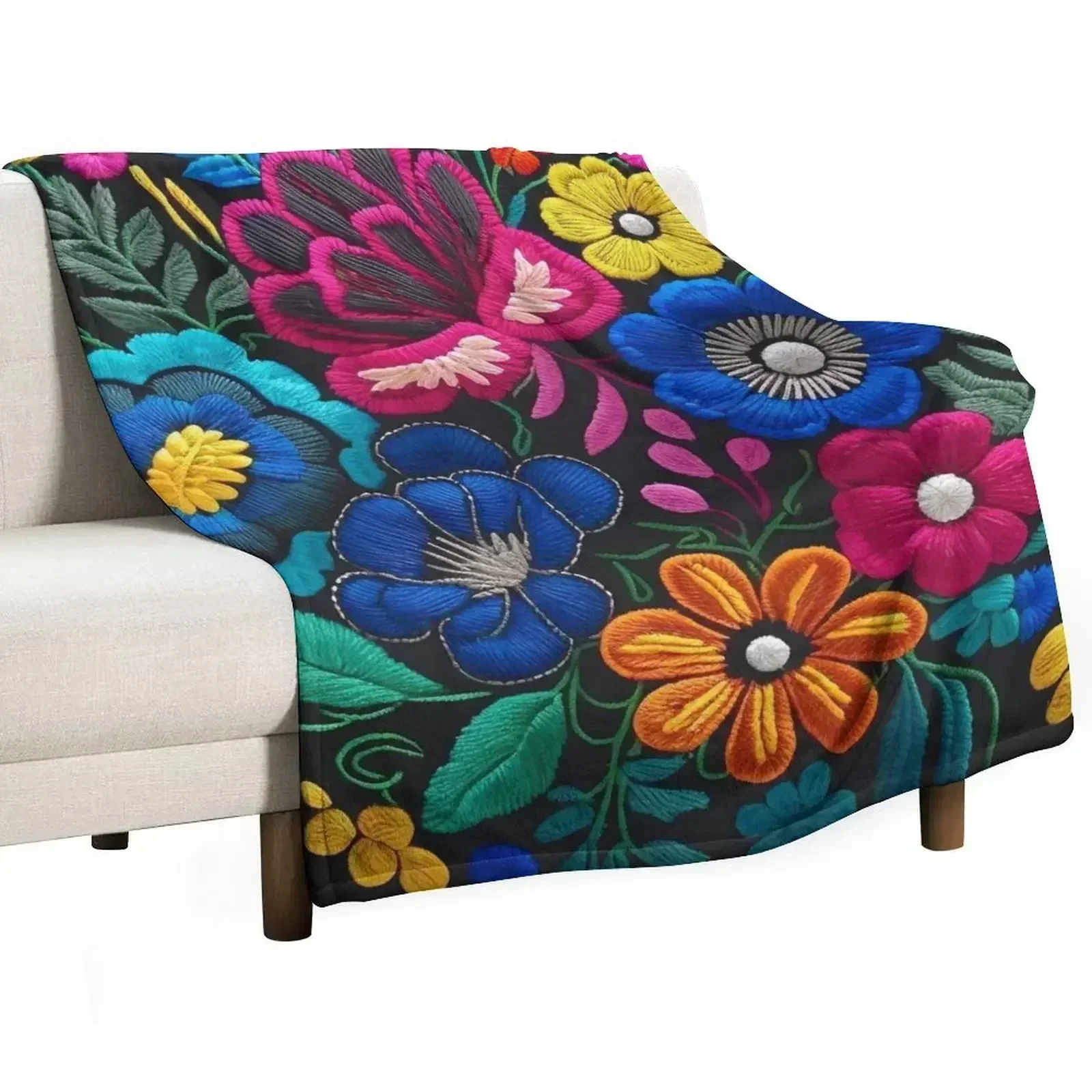 

Spanish Embroidered-Looking Flowers Throw Blanket Bed linens Decorative Sofa Blankets