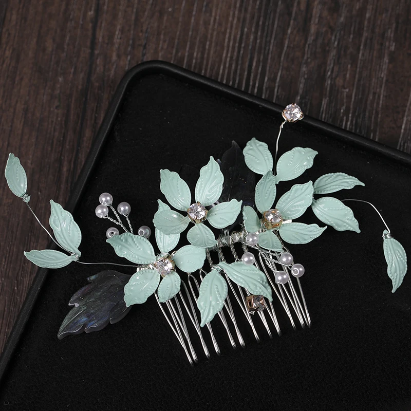 Handmade Green Leaves Flowers Tiara Hair Combs Wedding Hair Accessories Rhinestone Women Bridal Hair Jewelry Silver Color Combs