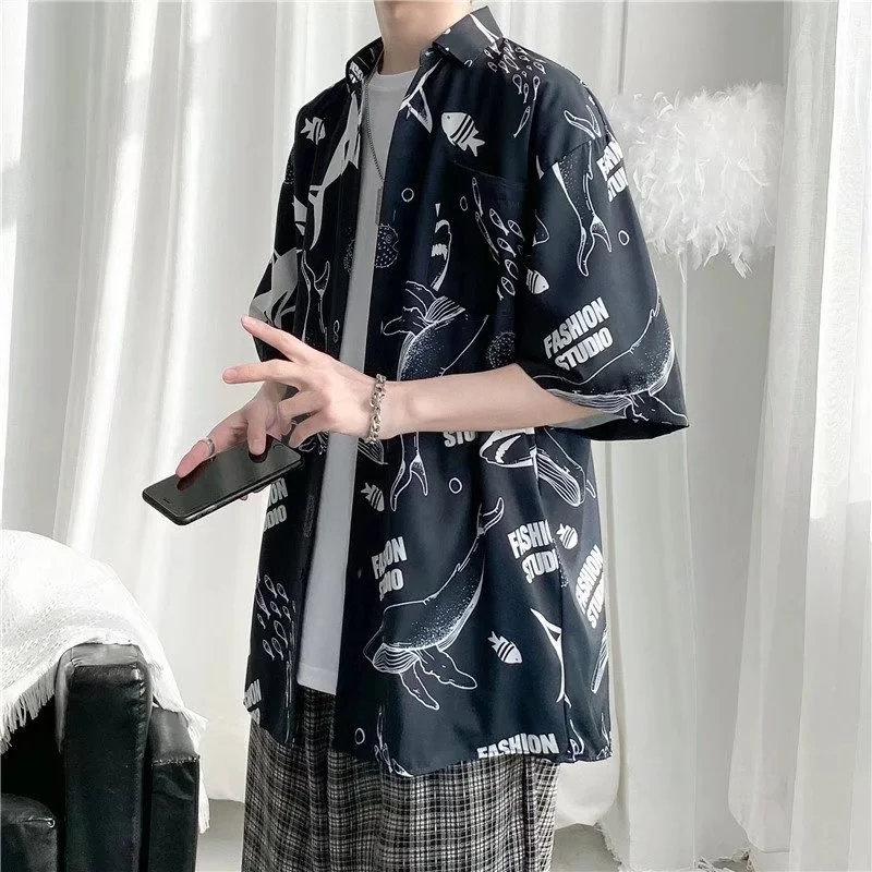 2024 Summer Men Whale Print Short Sleeve Shirt Fashion Cool Thin Loose Lapel Tops Hawaiian Holiday Beach Shirts Streetwear