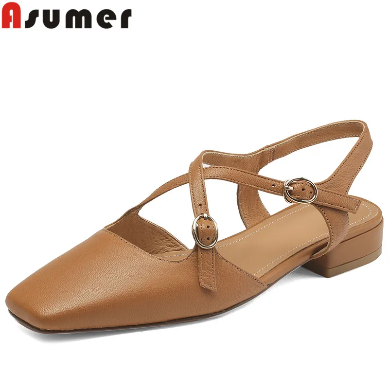 

ASUMER 2024 New Classics Sheepskin Dress Sandals Square Low Heels Slingbacks Sandals Solid Ladies Summer Shoes