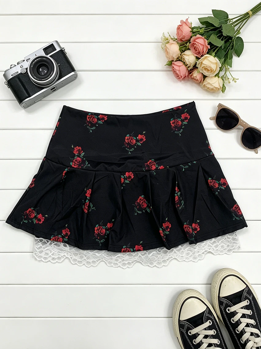 Coquette Y2K Women Floral Print Pleated Mini Skirt Trend White Lace Hem Layer Design High Waist Rose Pattern Casual Street Skirt