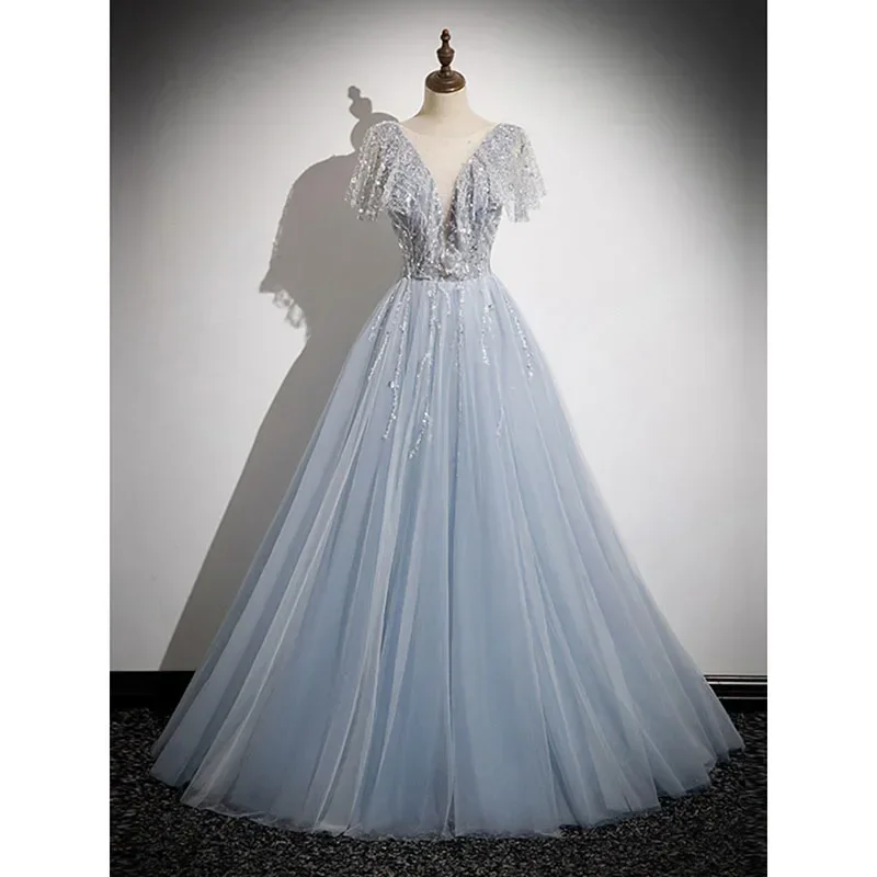 

Women Vintage Sequin Wedding Evening Dress Sleeveless Tassel Mesh Lace-up Pparty Gown Banquet Dresses for Women Vestido De Festa