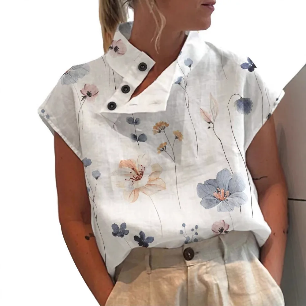 Women's Short Sleeved Shirt With Printed Pullover Tops Womens Shirt Blusas Asimetricas Mujer