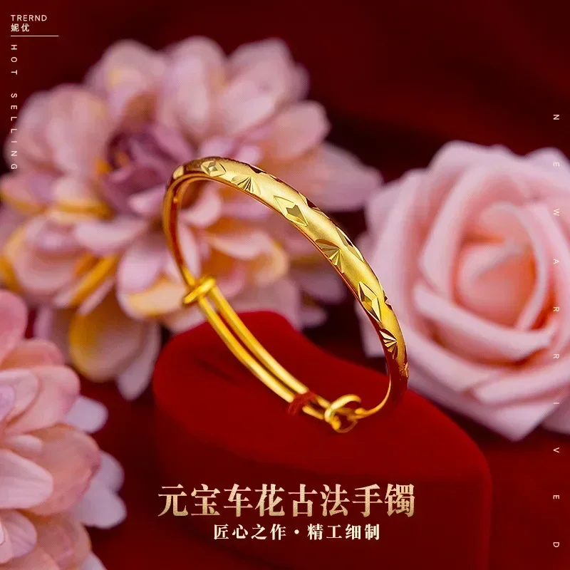 9999 Real Gold 24K Pure Gold Bracelet Women's Car Flower Ingot Ancient Push-pull Bracelet Metalworking Women's