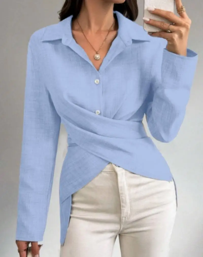 Elegant Autumn Women's Shirt V-Neck Fashion Simple Versatile Waist Cinching Solid Color High Waist Slim Fit Long Sleeved Shirt