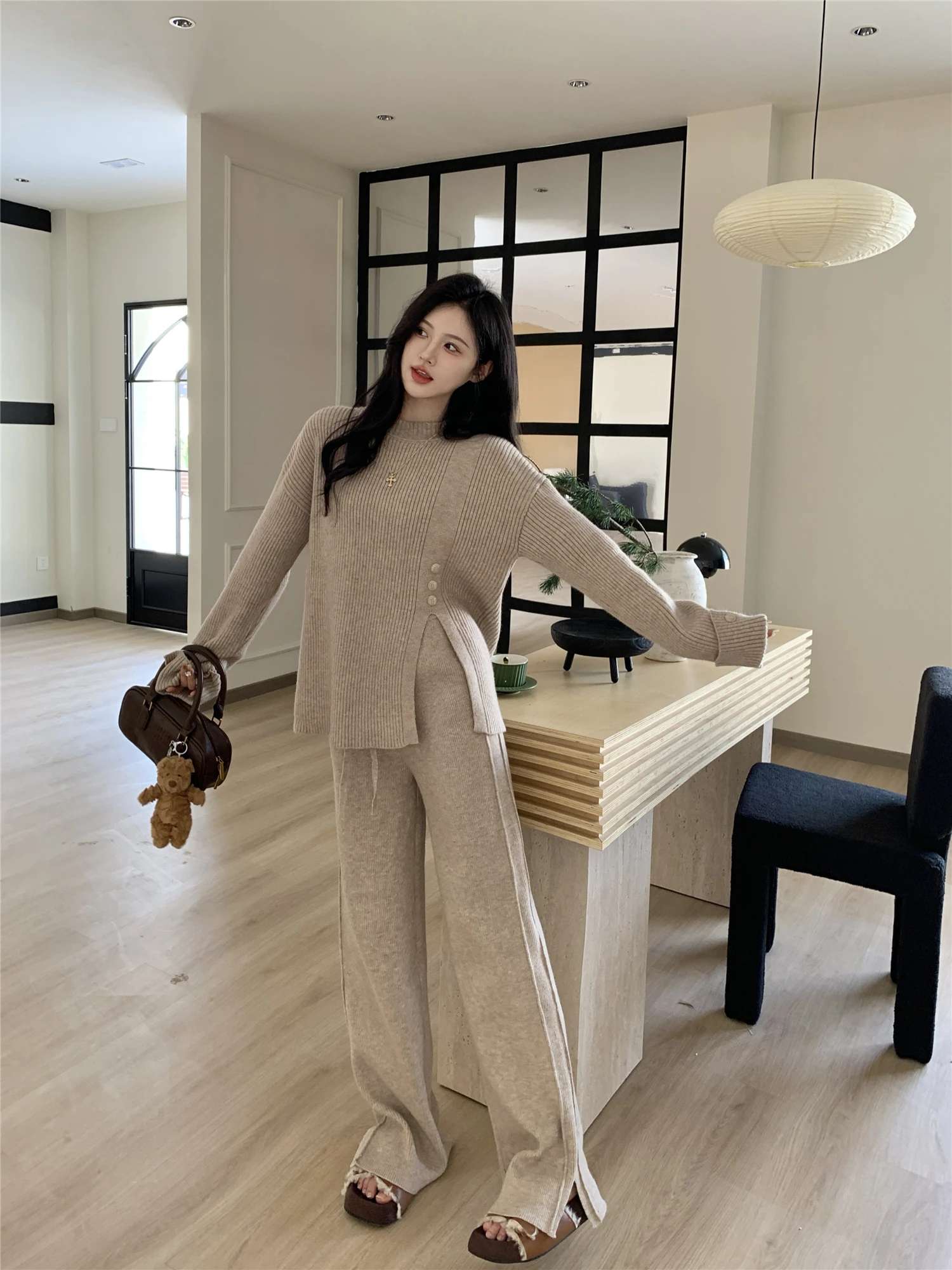 New Autumn Winter 2 Piece Women Pullover Fashion Knitted Pant Set Ladies Sweater Suit Vintage Casual Fashion Womens Clothing