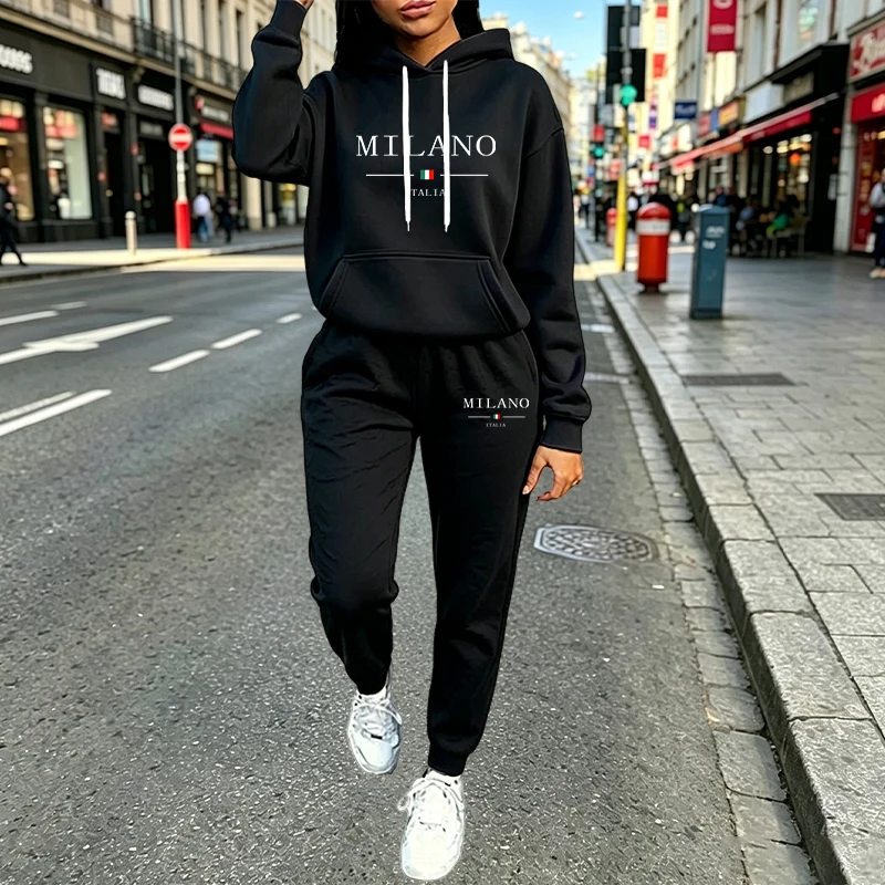 Herbst Winter Damen-Sets 2-teilig Hoodies Hosen Anzug Sportoutfits 2026 MILANO Buchstaben-Print Ästhetische Kleidung Damen Trainingsanzug – Detail 3