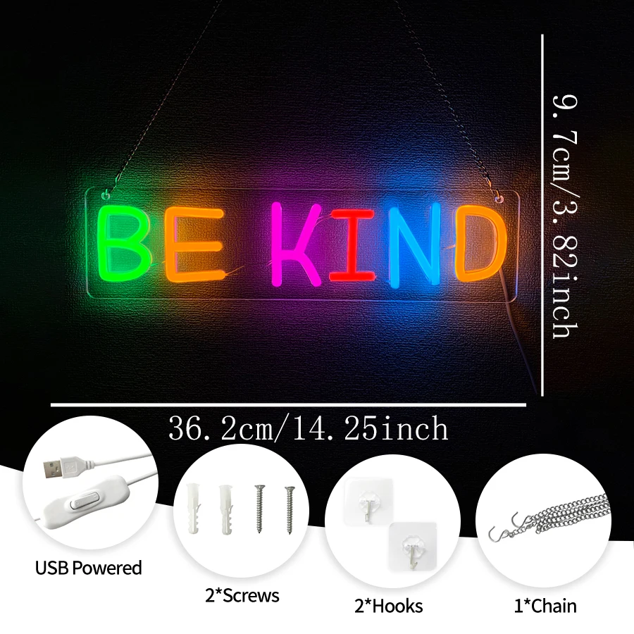 Be Kind Neon Sign, Letter Rainbow Led Neon Sign, Usb Powered, Home, Kindergarten Classroom, Club, Bar, Office And Library Decor.