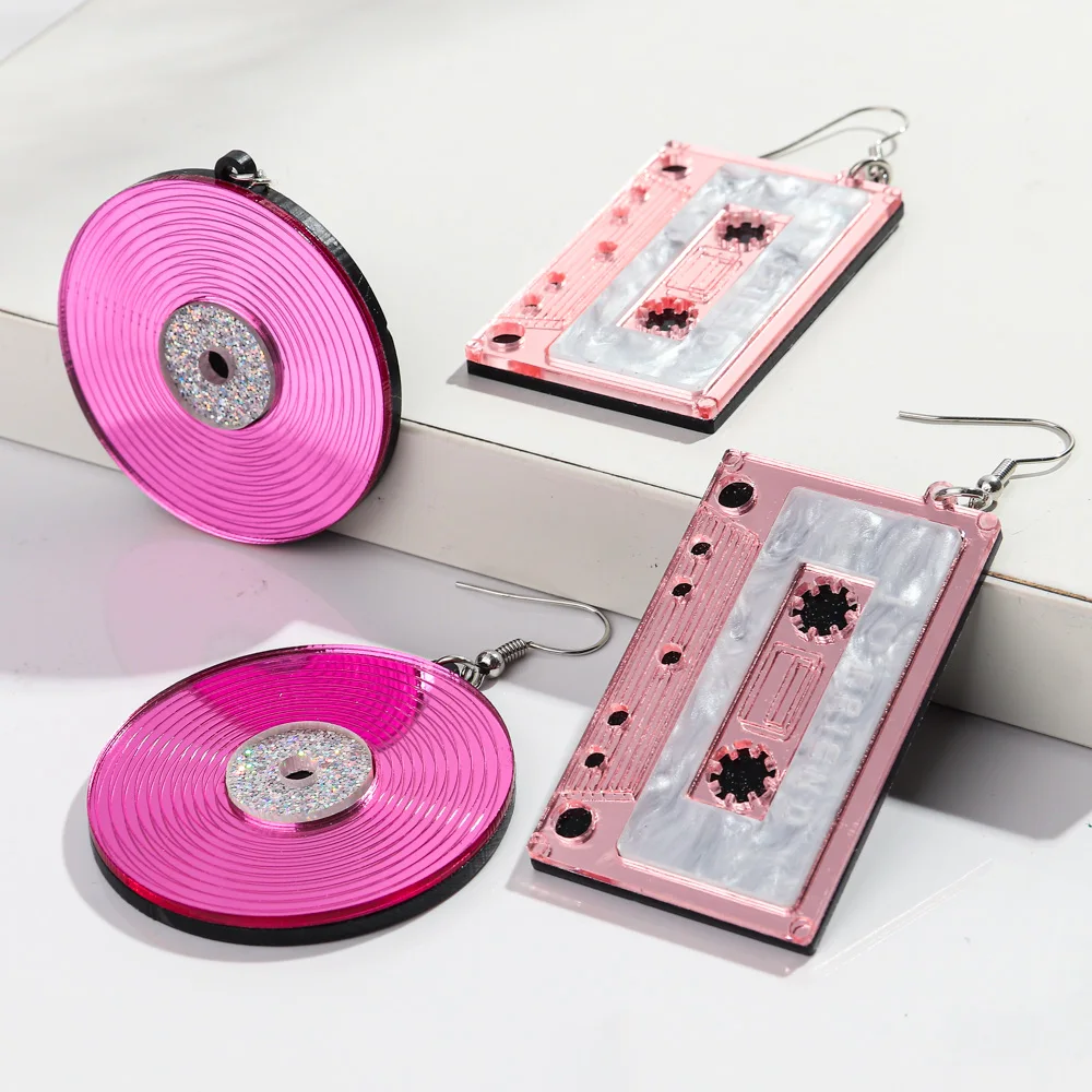 Colorful Mirror Big Cassette Tape Acrylic Earrings for Women Vintage Square Record Long Drop Earring Personalized Jewelry Gifts