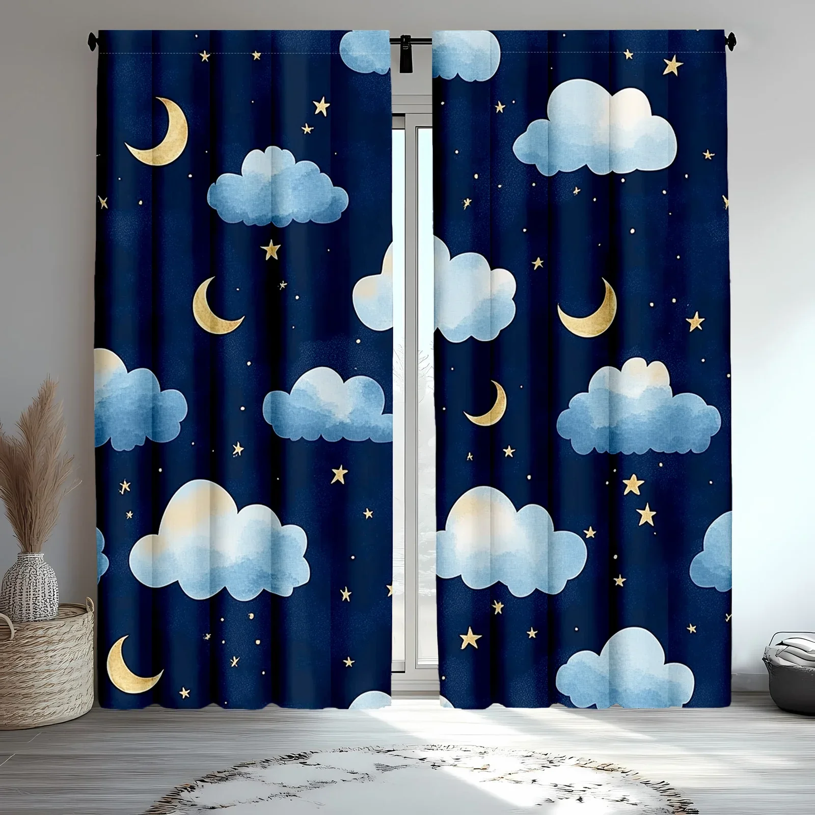 

Moon and star cloud patterns Print Drapes Room Darkening Window Curtains for Home Decor,Rod Pocket Blackout Curtains Bedroom