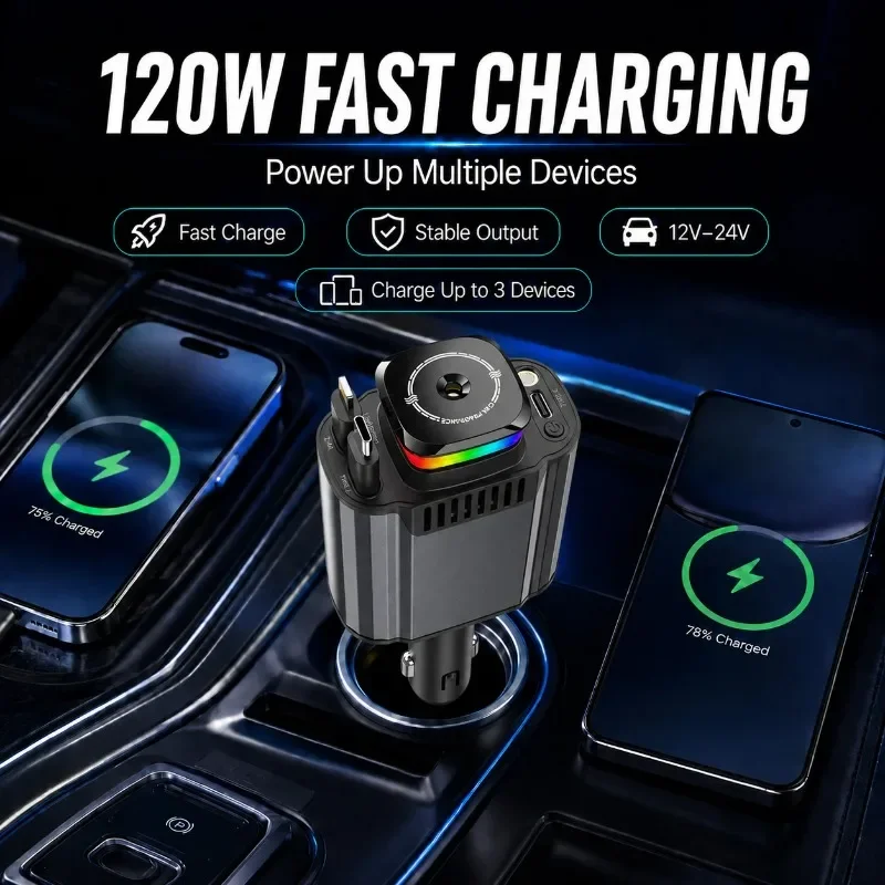 120W Multifunction Car Charger with Dual Retractable Cables Type C Lightning Aroma Diffuser Starry Light 3 Device Charging