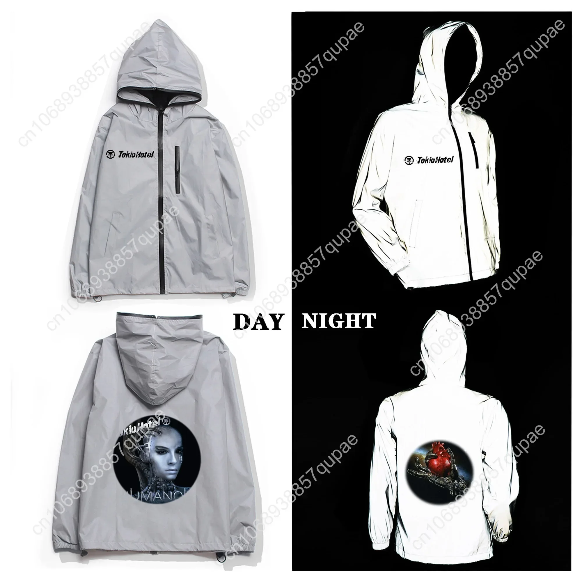Tokio Hotel Rock Band Reflective Jacket Mens Womens Coat Lightweight Hooded Windbreaker Cycling Runing Pocket Jackets Hoodie
