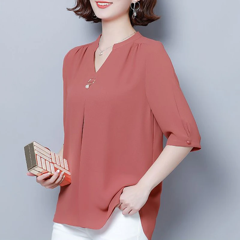 Women Clothes Ruffled Simple Elegant Blouse Summer Fashion V Neck Half Sleeve Casual Shirts Solid Loose Tunic Ladies Tops Blusas