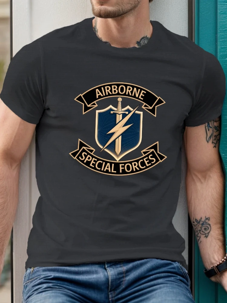 Airborne Special Forces Shield Emblem design-100% cotton summer O-neck short sleeve casual printed men's T-shirt.