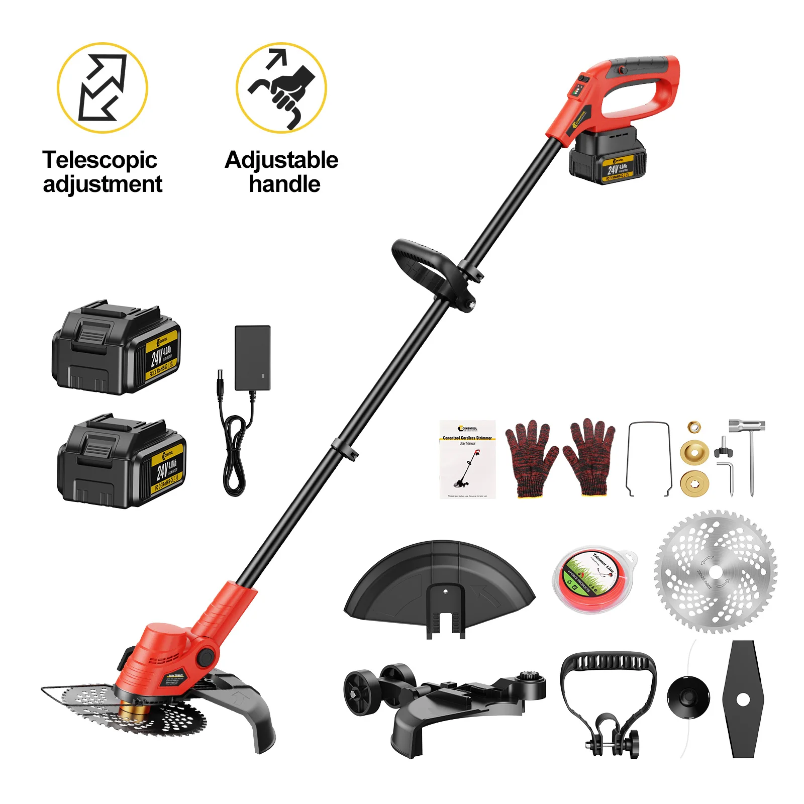 Conentool 24V Cordless Strimmer -Wheel Scorolling Lawn Mower Garden Strimmers with 2 Batteries + 15 Blades Set, Grass Trimmers