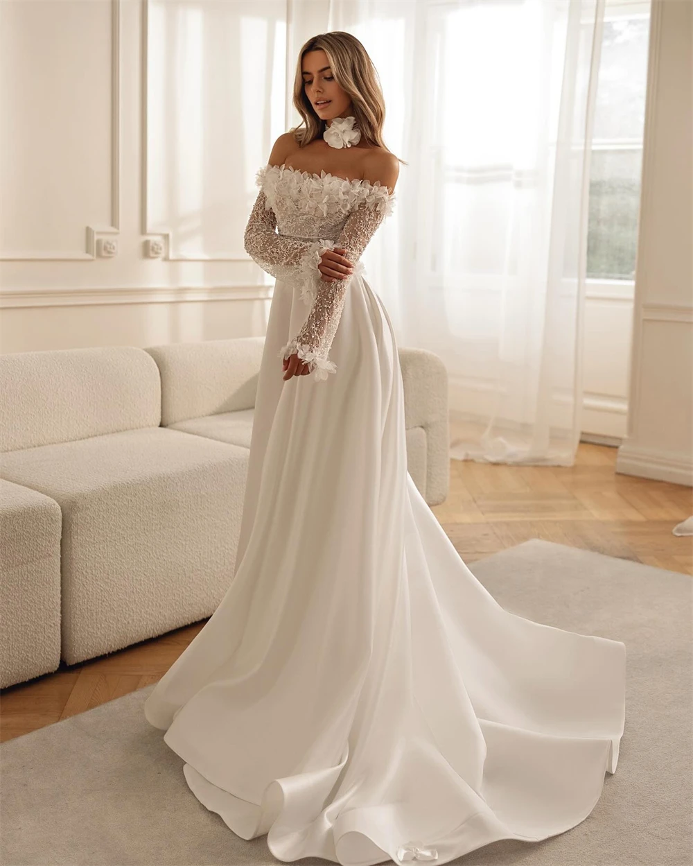 

Customized Soft White Satin Wedding Dress Formal Boat Neck Long Sleeves Bridal Gowns Soft A-Line Court Train Vestido De Novia