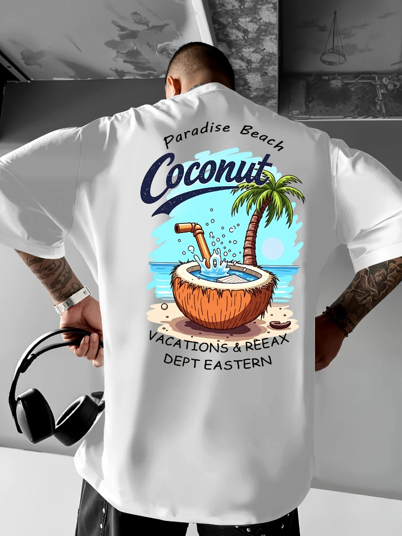 Camiseta Casual Masculina de Verão com Estampa Tropical de Coco - Departamento de Férias e Relaxamento na Praia do Paraíso Design Oriental