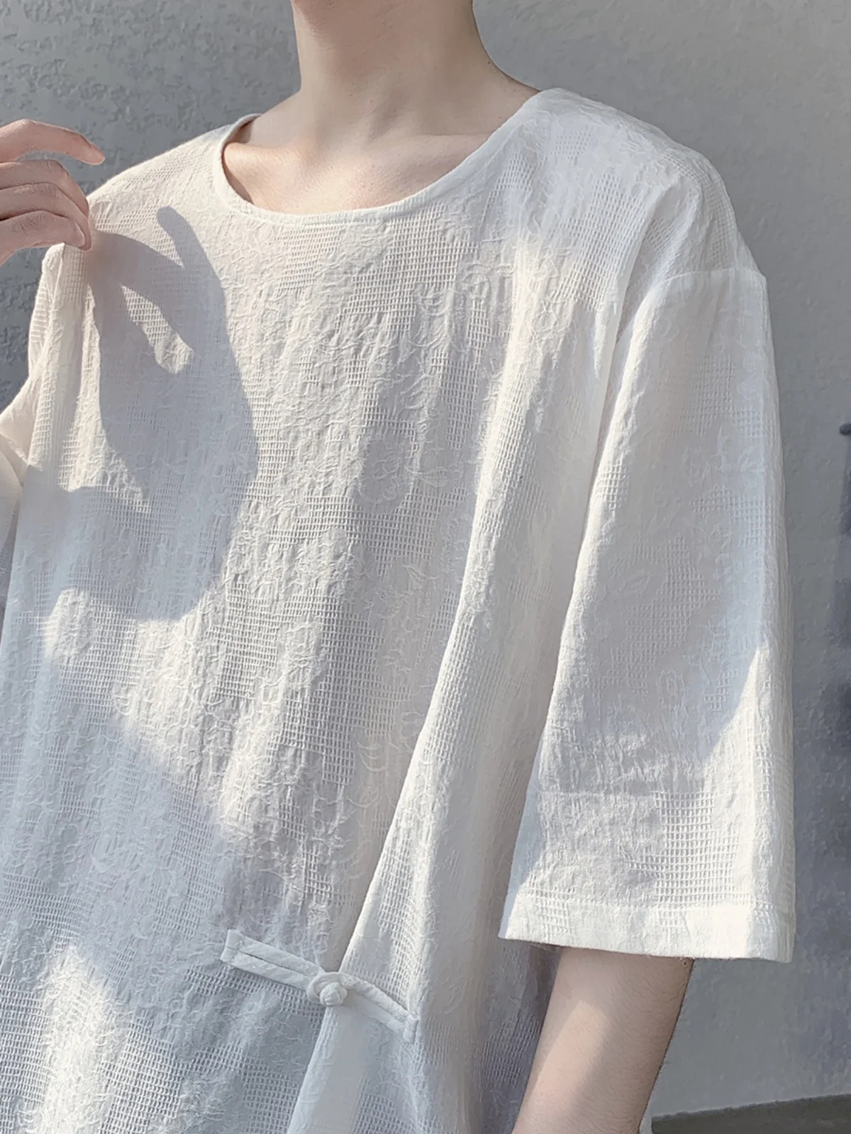 

White Linen ort Sve T-irt Men Summer Vintage Embroidery Hanfu Top Thin Breathable Cotton Linen f Sve round Ne