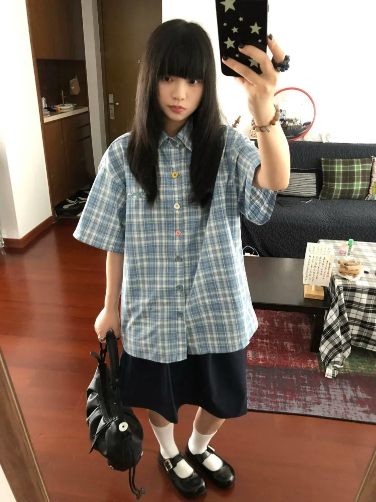 

Japanese Vintage Plaid Loose Women Blouse Y2k Aesthetic Summer Oversized Casual Blusas Harajuku Single Breasted Grunge Shirt