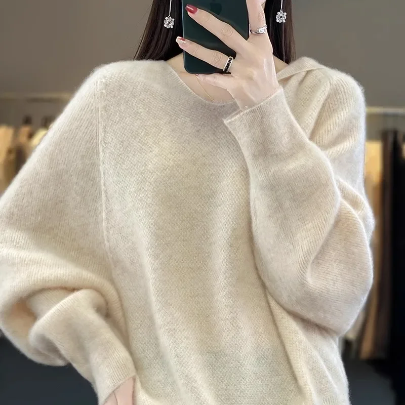 2023 Autumn/Winter Knit Cashmere Hooded Sweatshirt Women's Long Sleeve Solid Color Inner Sweater Knit Pure Cashmere Hooded Top