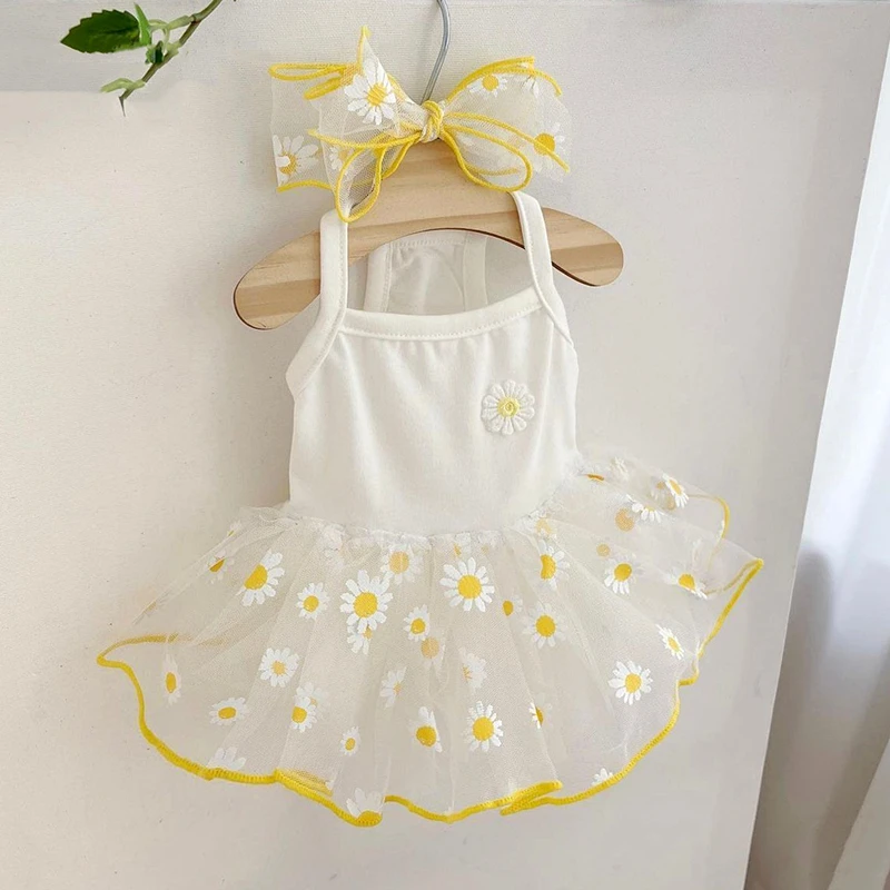 

Yellow Flower Dog Dress Puppy Princess Skirt Pet Puppy Mesh Dress Teddy Maltese Pullover Female Dog Clothes