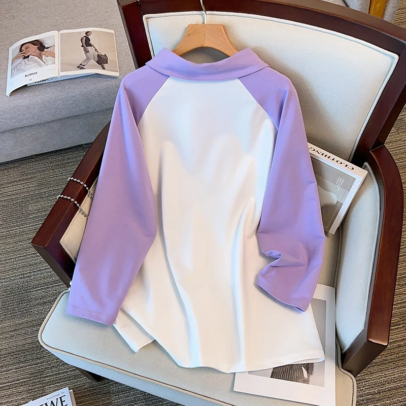 170Kg Plus Size Women\'s Bust 170 Spring Autumn Loose Polo Collar Contrasting Sweatshirt Black Purple 4XL 5XL 6XL 7XL 8XL 9XL