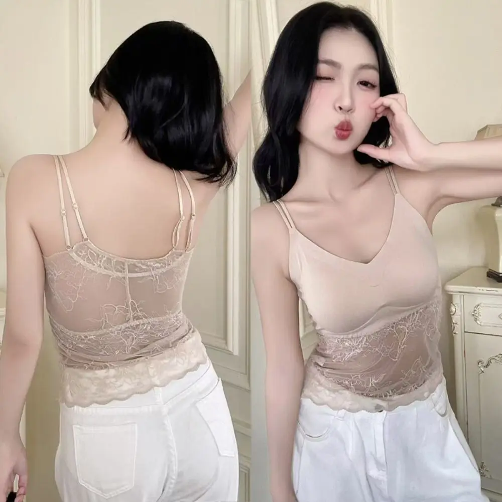 

Sweet Mesh Thin Lace Seamless Camisole Sleeveless Ice Silk Lace Crop Tops Undershirt Slim Fit Suspender Vest with Pads Women
