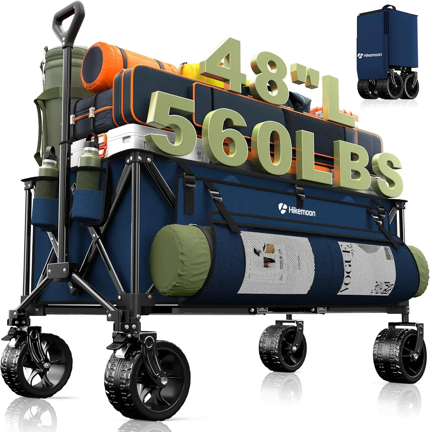

300L Extra Large Wagons Carts Foldable, 560LBS Heavy Duty Collapsible Beach Wagon 48" Long with Big All-Terrain Wheels, Utility