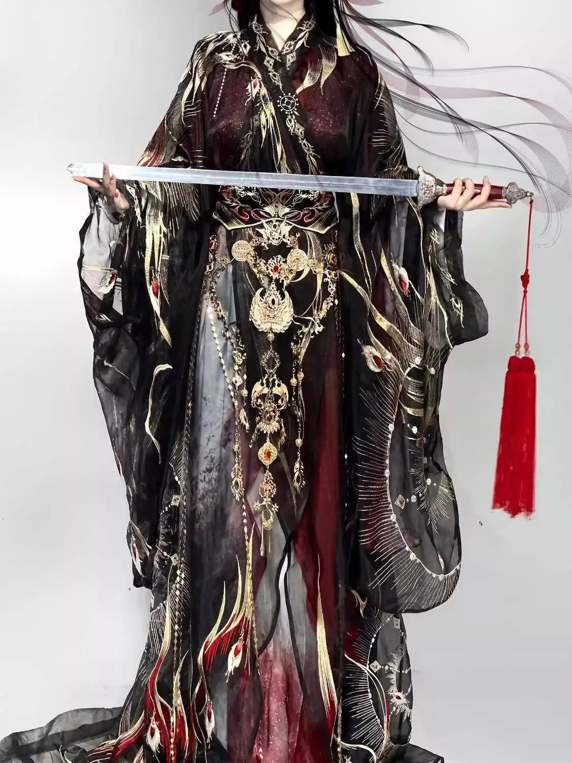 National Style Grand Ceremony Show Style Xihe Hanfu Improved Warring States Robe Unisex Heavy Embroidery Black Red Tail Dragging