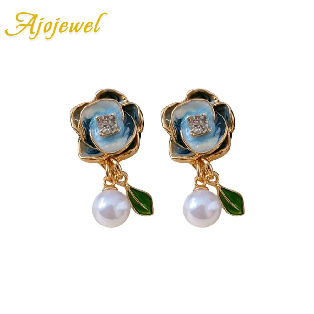 

Ajojewel Blue Flower Pearl Woman Earrings 2025 Fashion Jewelry Enamel Paint