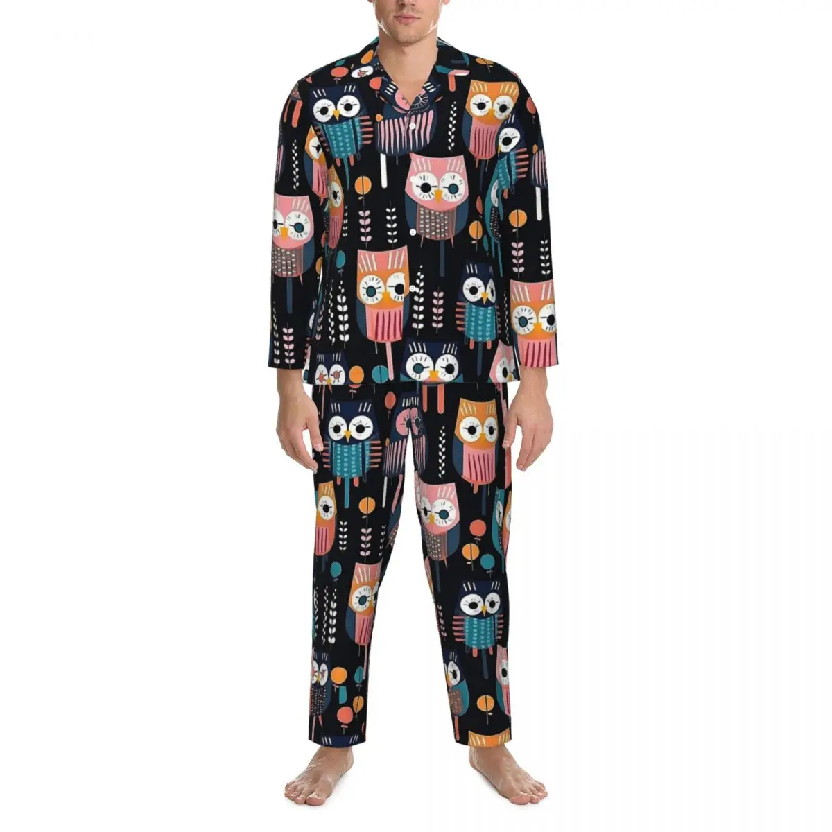 Geometric Bold Owl Sleepwear Autumn Colorful Animal Vintage Oversized Pajama Sets Man Long Sleeves Comfortable Bedroom Home Suit