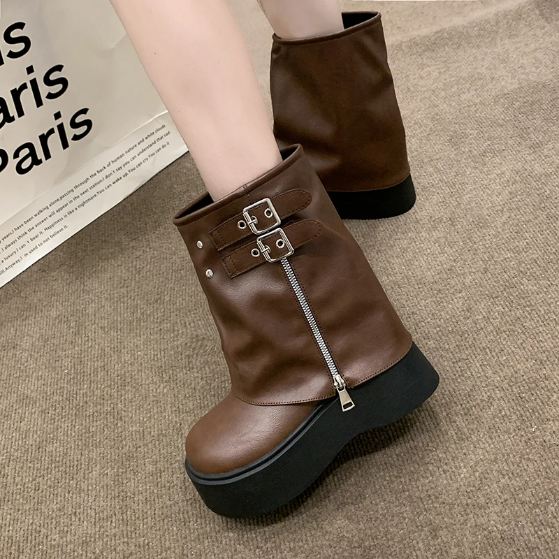 

Winter Punk Boots Women Shoes Fashion Back Zippers High Platform Thick Sole Shoes Ladies Elegant Short Bootties